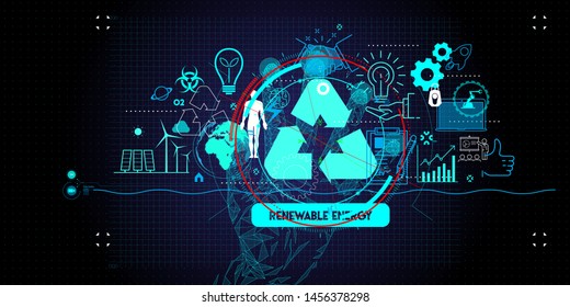 Low polygon Hand touching Sustainable development FUI with icons of renewable energy and natural resources preservation.
