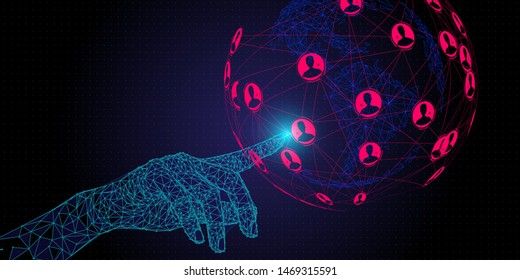 Low polygon Hand touching Telecommunication network and wireless mobile internet technology  with 5G LTE data connection of global business, fintech, blockchain.