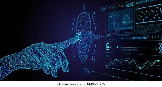 Low polygon Hand touching UI for Unlocking with face identification. Facial recognition concept. - Powered by Shutterstock - Get 15% off with code: PIKWIZARD15