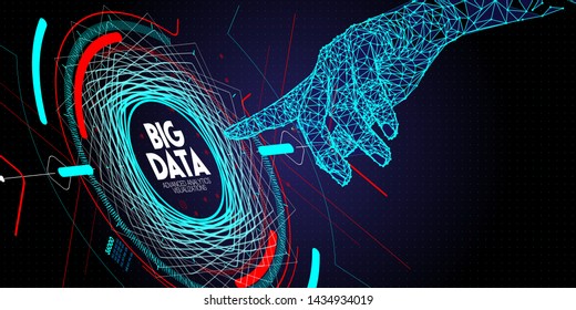 Low polygon hand working with Big data avanced technology and visualization with Fractal element with lines and dots array.