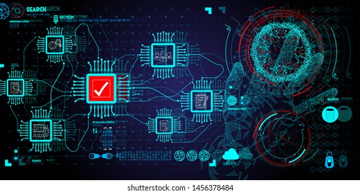Low polygon Hands touching with Data Management System (DMS) and Business Analytics concept with servers connected to dashboard.