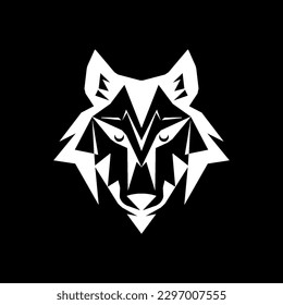 Low polygon head of a dog in a minimalistic geometric style, black and white horizontal line illustration on black background