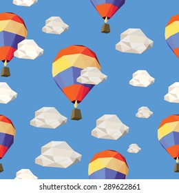 Low Polygon hot air balloons. Seamless Vector illustration.