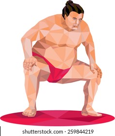 Low polygon illustration of a Japanese sumo wrestler in squat position squatting facing front set on isolated white background. 