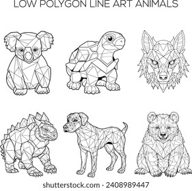 Low Polygon Line Art Animals, Coloring book characters Black and white