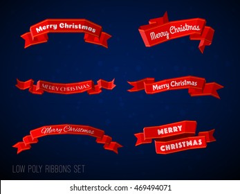 Low polygon marry christmas decorations red ribbons collection. Modern 3d low polygonal flat style ribbons set.