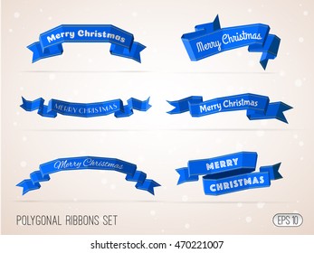 Low polygon merry christmas decoration blue ribbons collection. Modern 3d low polygonal flat style ribbons set.