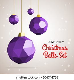 Low polygon merry christmas decoration balls vector illustration. Happy new year greeting card, instagram post concept illustration.