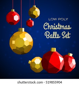 Low polygon merry christmas decoration balls vector illustration. Happy new year greeting card, instagram post concept illustration.