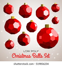 Low polygon merry christmas decoration balls set based on archimedean polyhedrons. Good for happy new year modern vector illustration, design concept, greeting card or instagram post.