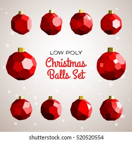 Low polygon merry christmas decoration balls set based on archimedean polyhedrons. Good for happy new year modern vector illustration, design concept, greeting card, social media banner, insta post.