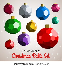 Low polygon merry christmas decoration balls set based on archimedean polyhedrons. Good for happy new year modern vector illustration, design concept, greeting card, instagram post or banner.