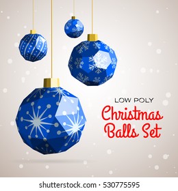 Low polygon merry christmas decoration balls vector illustration. Happy new year greeting card, instagram post concept illustration.