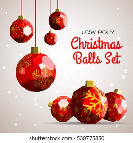 Low polygon merry christmas decoration balls vector illustration. Happy new year greeting card, instagram post concept illustration.