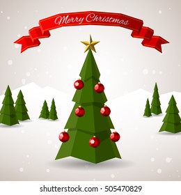 Low polygon merry christmas tree vector illustration. Happy new year greeting card, flyer concept illustration, instagram post design