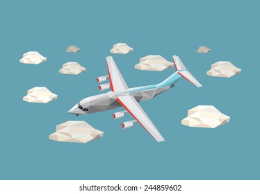 Low polygon plane in the sky with clouds. Vector illustration.