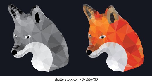 Low Polygon Red fox, Face portrait, Vector