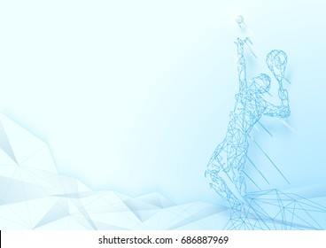 Low polygon Serving tennis player wireframe mesh on soft blue background