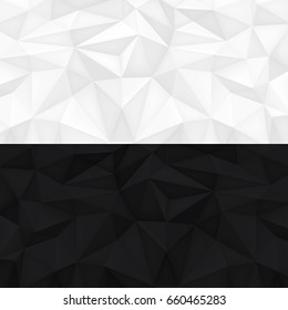 Low polygon shapes, black and white background, light and dark crystals, triangles mosaic, creative origami wallpaper, templates vector design