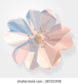 low polygon spring flower in pink and blue shades isolated on light background with long shadow effect