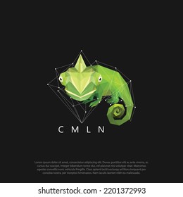 low polygon style abstract green chameleon logo vector. Geometric triangular lizard design