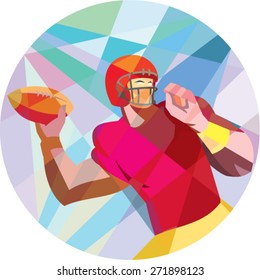Low polygon style illustration of an american football gridiron quarterback player holding ball throwing facing side set inside circle.