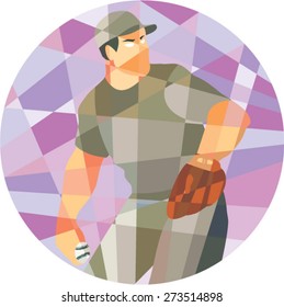 Low polygon style illustration of an american baseball player pitcher outfielder throwing ball set inside circle.