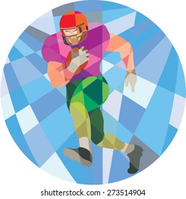 Low polygon style illustration of an american football gridiron player holding ball running rushing viewed from front set inside circle.