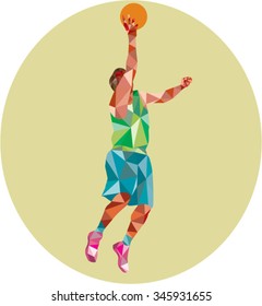 Low polygon style illustration of a basketball player lay up rebounding ball set inside circle. 