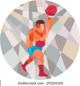 Low polygon style illustration of a boxer boxing jabbing punching viewed from front set inside circle . 
