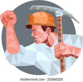 Low Polygon style illustration of a coal miner wearing hardhat pumping fist  holding pick axe and showing fist viewed from the side set inside circle.