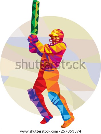 Low polygon style illustration of a cricket player batsman with bat batting set inside circle.