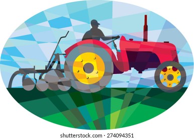 Low polygon style illustration of a farmer driving riding vintage tractor plowing field viewed from the side set inside an oval. 