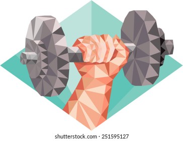 Low polygon style illustration of a hand lifting dumbbell weight training set inside diamond shape. 