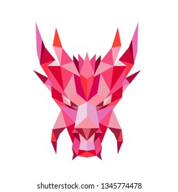 Low polygon style illustration of a head of a mythical dragon,serpent-like legendary creature that appears in  folklore of many cultures viewed from front on isolated white background.