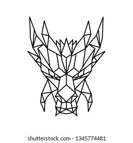 Low polygon style illustration of a head of a dragon, a serpent-like legendary creature that appears in folklore of many cultures viewed from front on isolated background in black and white.