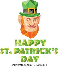 Low polygon style illustration of a leprechaun head set on isolated white background with the words Happy St. Patrick's Day below image.