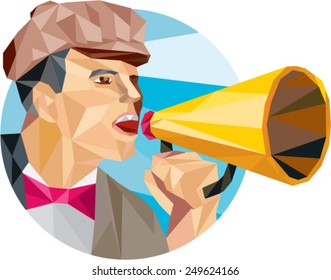 Low polygon style illustration of a movie director filmmaker shouting using bullhorn facing side set inside circle.