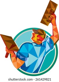 Low polygon style illustration of a plasterer masonry tradesman construction worker raising up trowel over head viewed from the back set inside circle done on isolated background