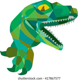 Low polygon style illustration of a raptor t-rex dinosaur lizard reptile breaking out of wall viewed from the side set on on isolated white background. 