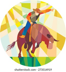 Low polygon style illustration of rodeo cowboy pointing riding bucking bull set inside a circle.