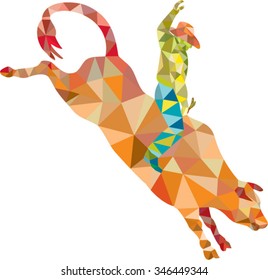 Low polygon style illustration of a rodeo cowboy riding bucking bull viewed from the side set on isolated white background.