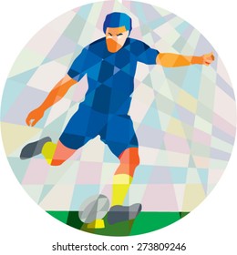 Low polygon style illustration of a rugby player kicking ball front view set inside circle on isolated background.