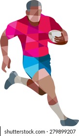 Low polygon style illustration of a rugby player holding ball running to the side set on isolated white background. 