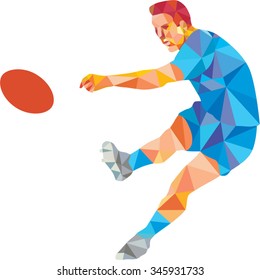 Low polygon style illustration of a rugby player kicking ball front view on isoalated white background.