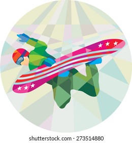 Low Polygon Style Illustration Of A Snowboarder Snowboarding Spin Jumping On Snowboard Set Inside Circle. 