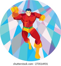 Low polygon style illustration of a superhero running punching viewed from front set inside circle.