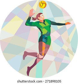 Low polygon style illustration of a volleyball player spiker jumping spiking hitting ball viewed from the side set inside circle on isolated background.