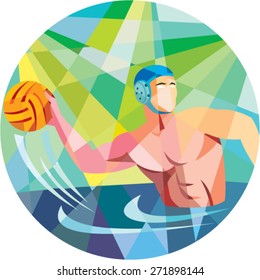 Low polygon style illustration of a water polo player throwing ball viewed from the side set inside circle.