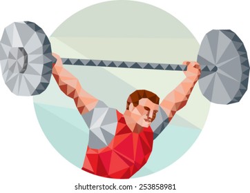 Low Polygon style illustration of a weightlifter lifting barbell facing side set inside circle shape on isolated background 